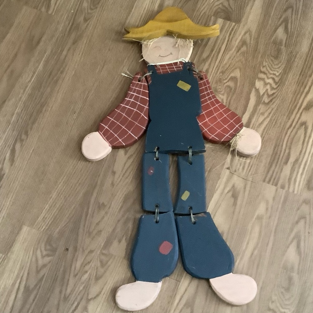Vintage Scarecrow Handcrafted Heavy Solid Wood Decoration 34” X 21” Folk Art